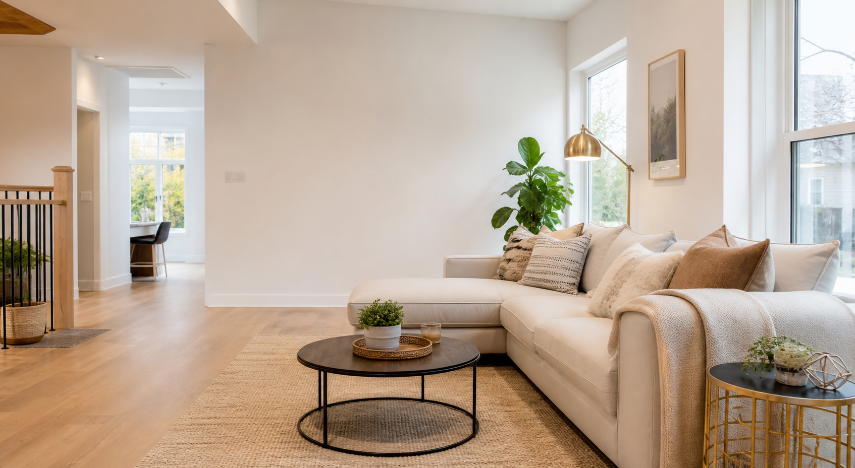 A bright modern living room with warm neutral finishes